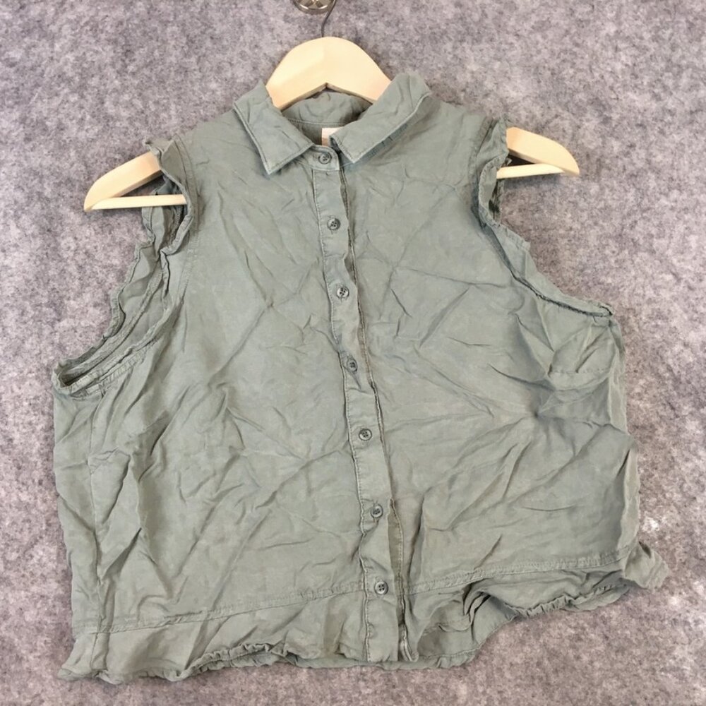 Bella Dahl Top L Lyocell Ruffle Hem Button Up Sleeveless Collared Army Green